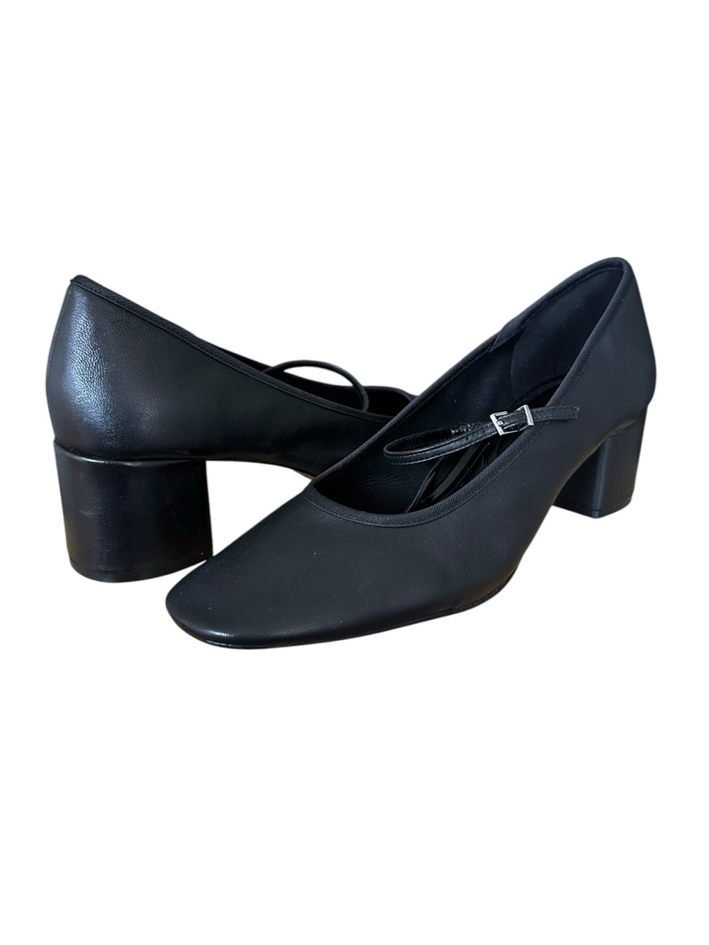ZARA‎ Black Leather Mary Jane Block Heel Pumps Minimalist Quiet Luxury Size 11